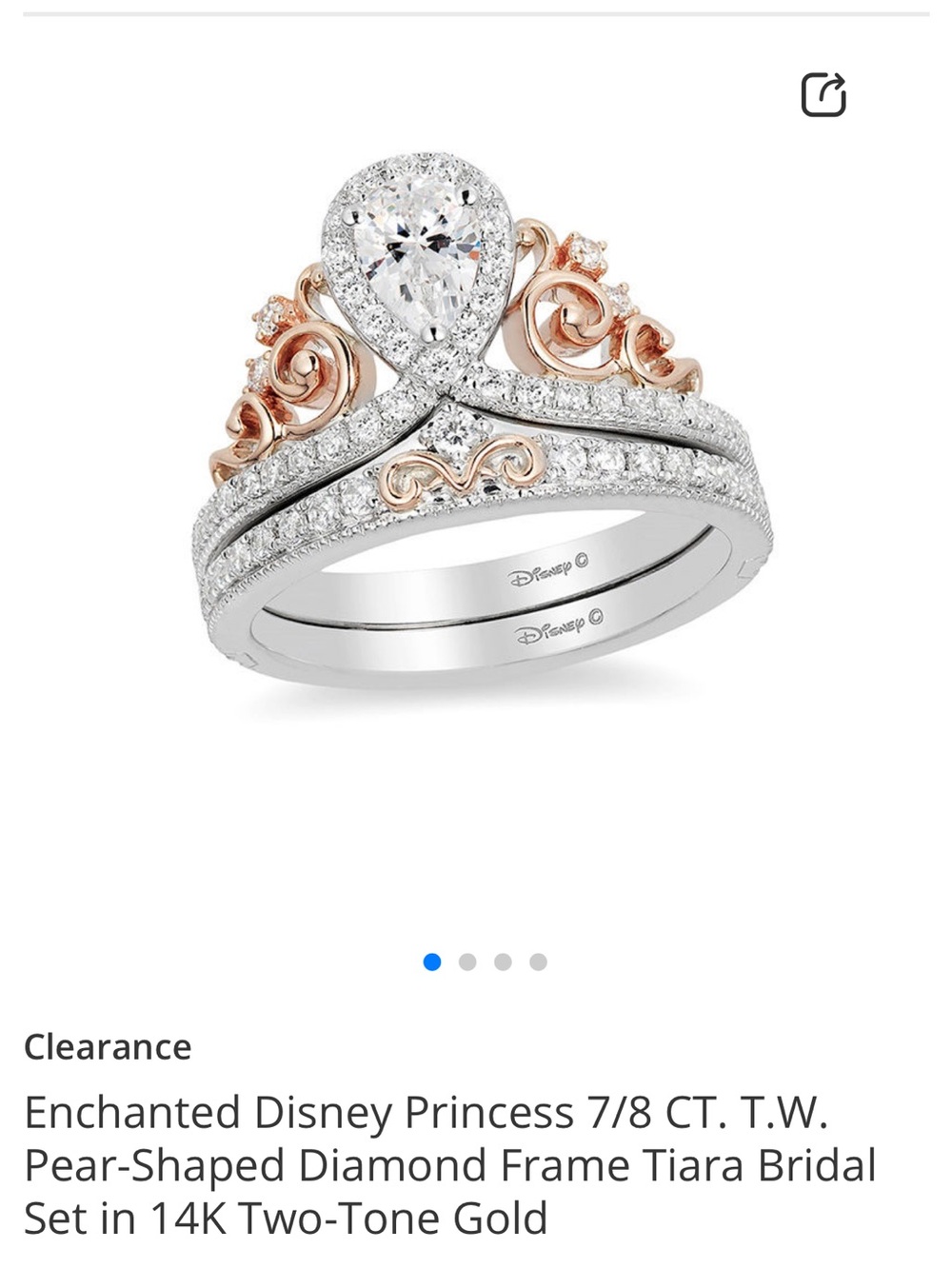 Disney 14k Two-Tone Rose and White Gold Pear-Shaped Diamond Tiara Ring Set